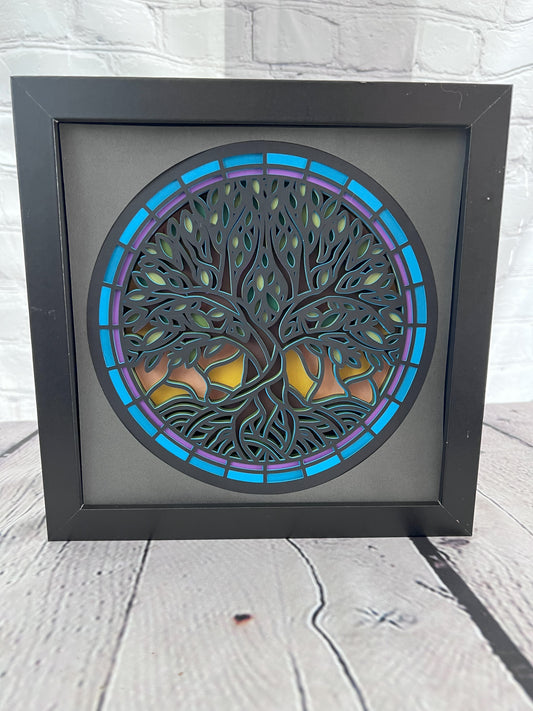 Stained glass tree of life 3D paper art in a shadowbox