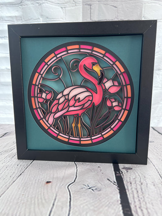 Stained glass flamingo 3D paper art in a shadowbox