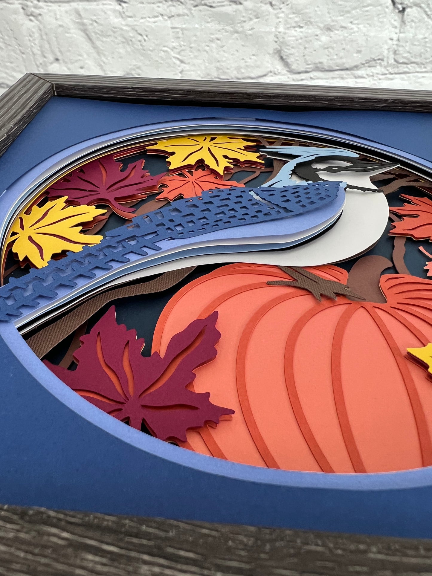 Fall blue jay 3D paper art in a shadowbox