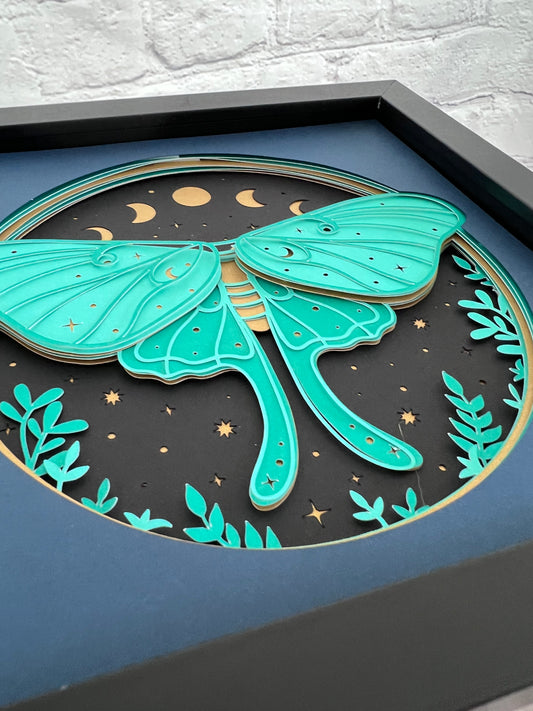 Luna moth 3D paper art in a shadowbox