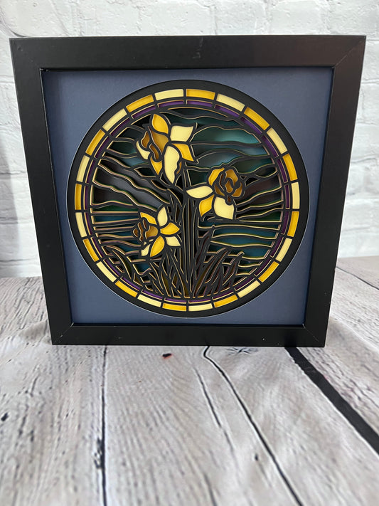 Stained glass daffodil 3D paper art in a shadowbox