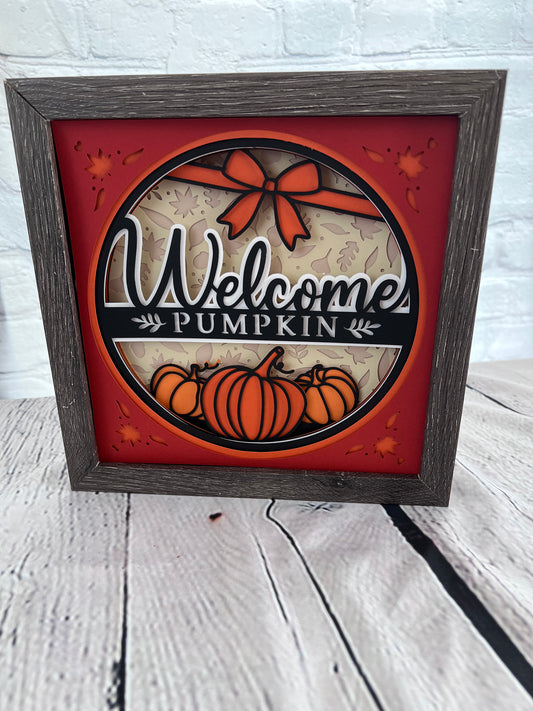 Welcome pumpkin 3D paper art in a shadowbox