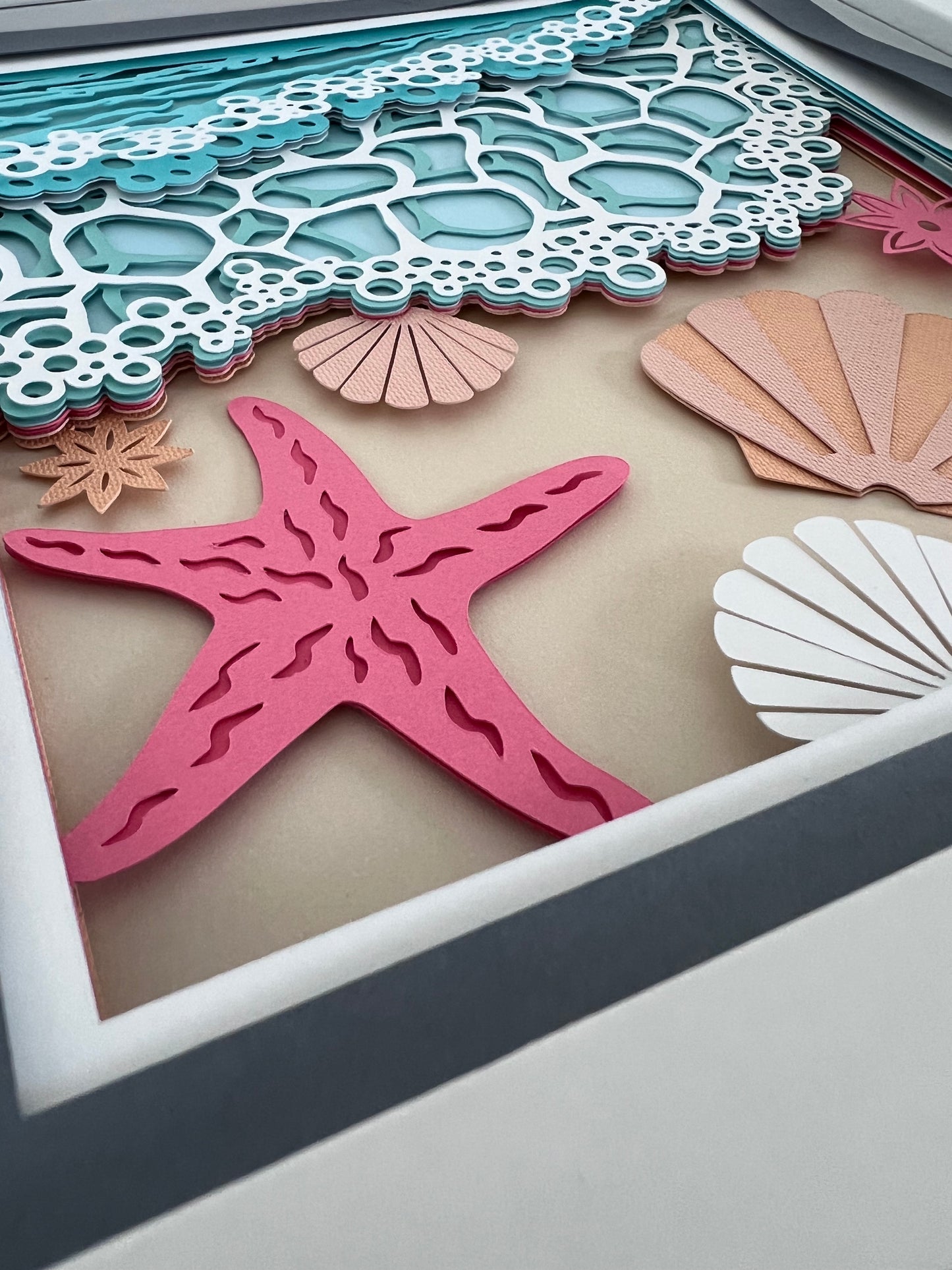 Ocean tide with shells 3D paper art in a shadowbox