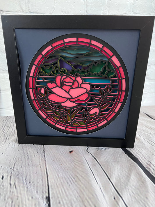 Stained glass rose 3D paper art in a shadowbox