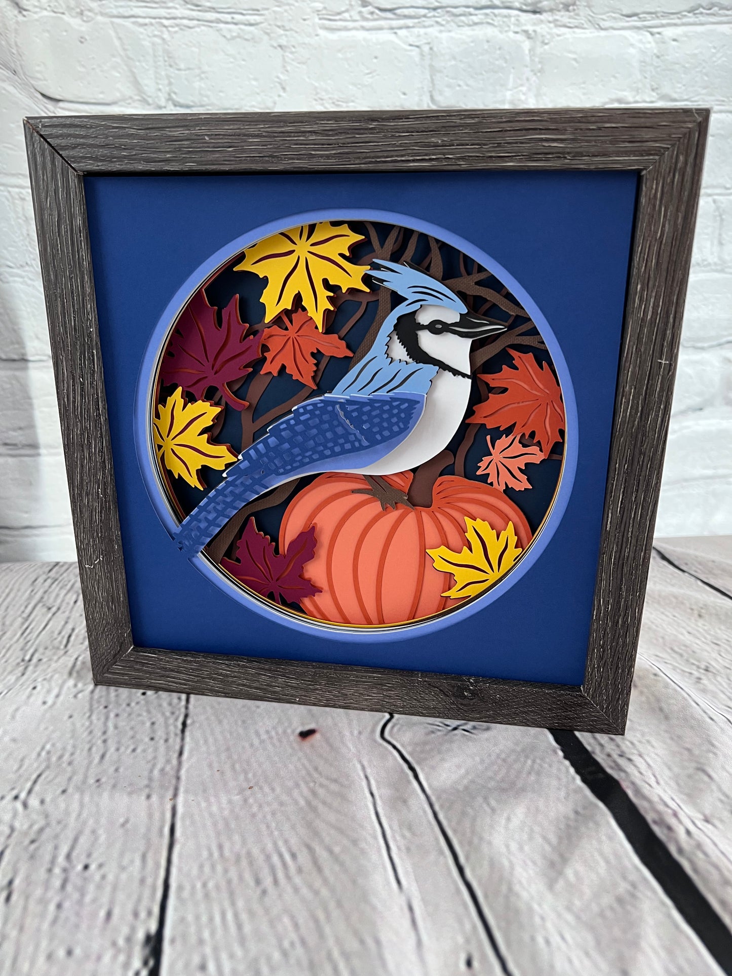 Fall blue jay 3D paper art in a shadowbox