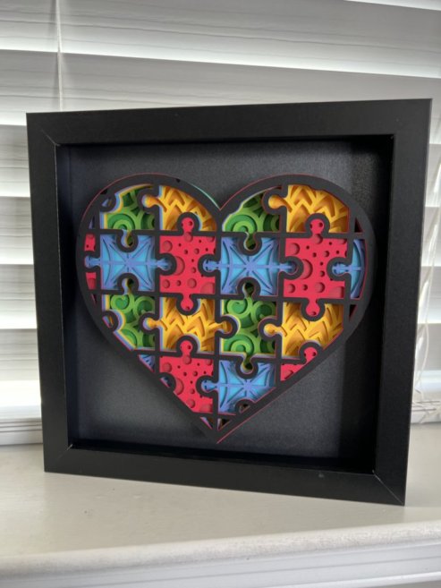 Autism heart 3D paper art in a shadowbox