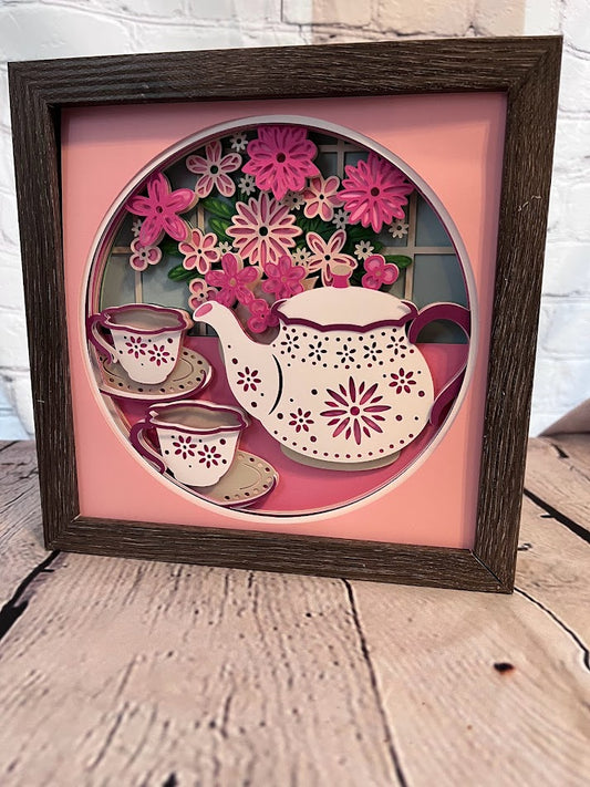 Tea for two 3D paper art in a shadowbox