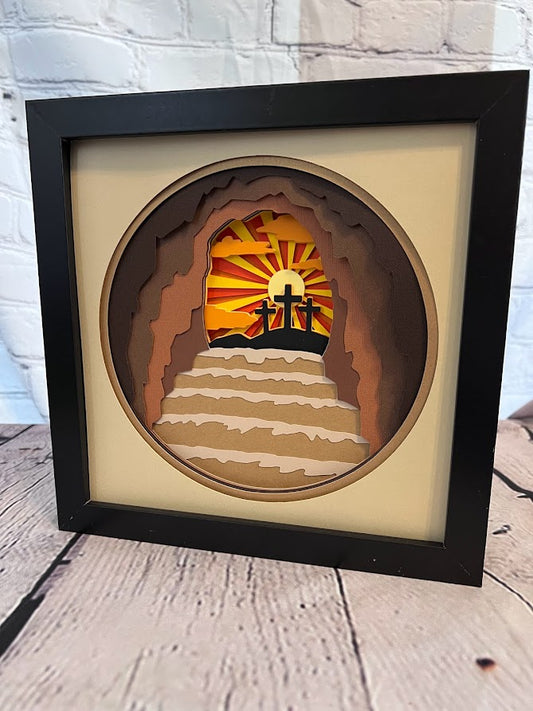 Empty tomb 3D paper art in a shadowbox