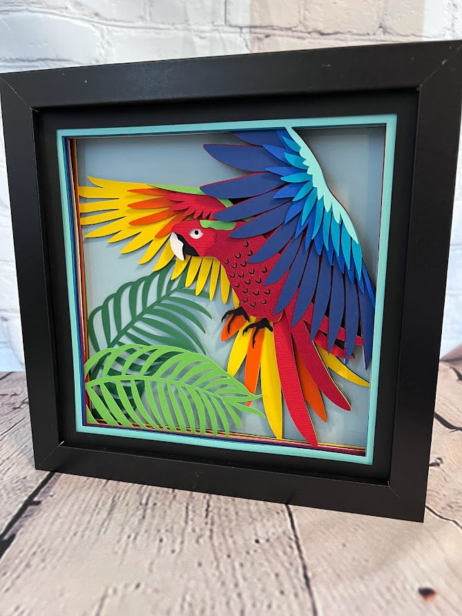 Parrot 3D paper art in a shadowbox
