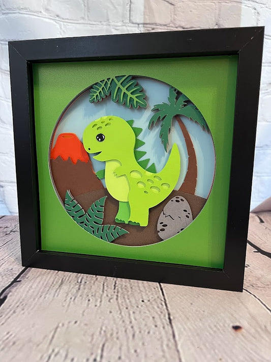 T-Rex cartoon 3D paper art in a shadowbox