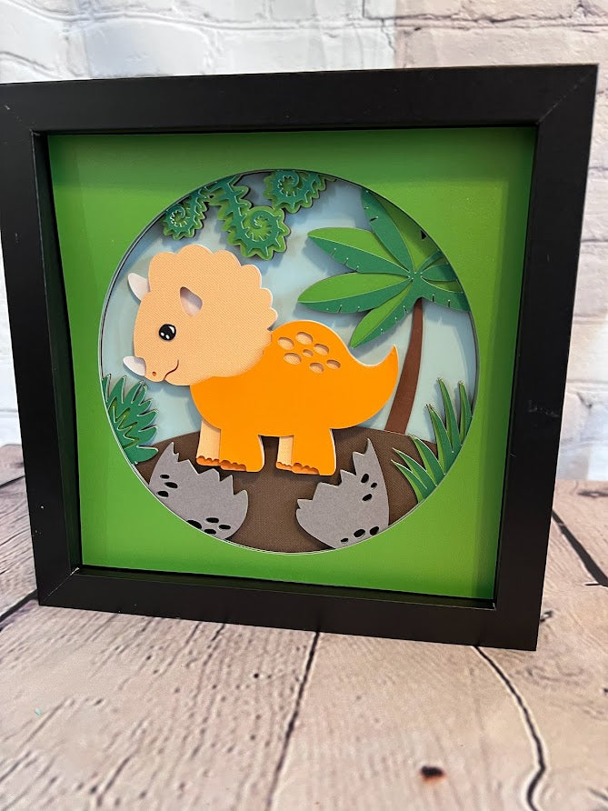 Triceratops cartoon 3D paper art in a shadowbox