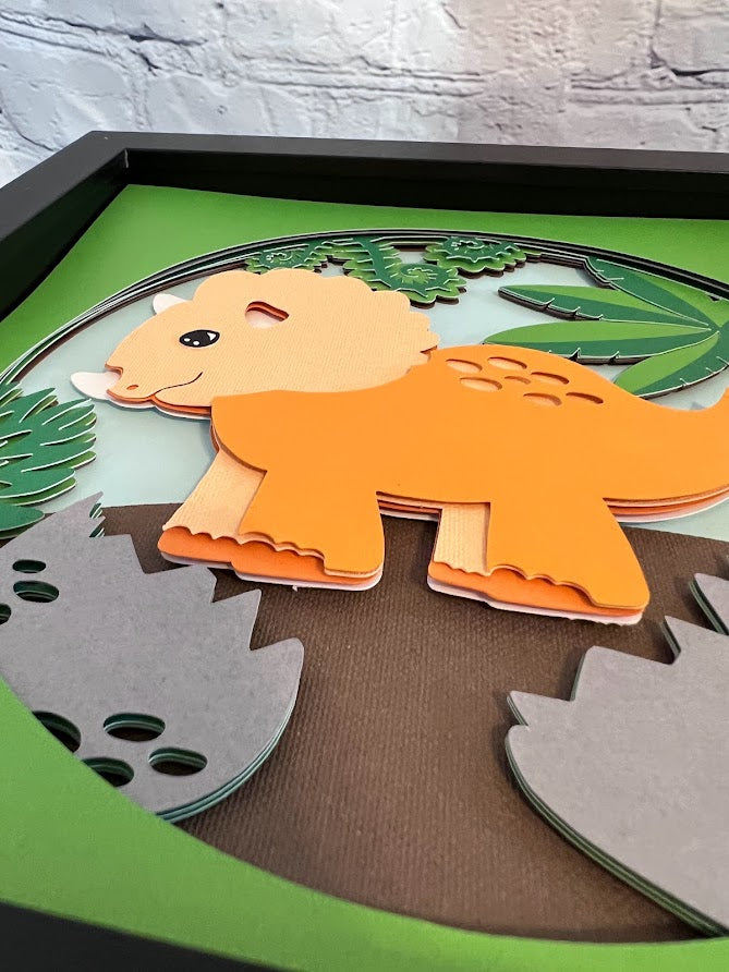 Triceratops cartoon 3D paper art in a shadowbox