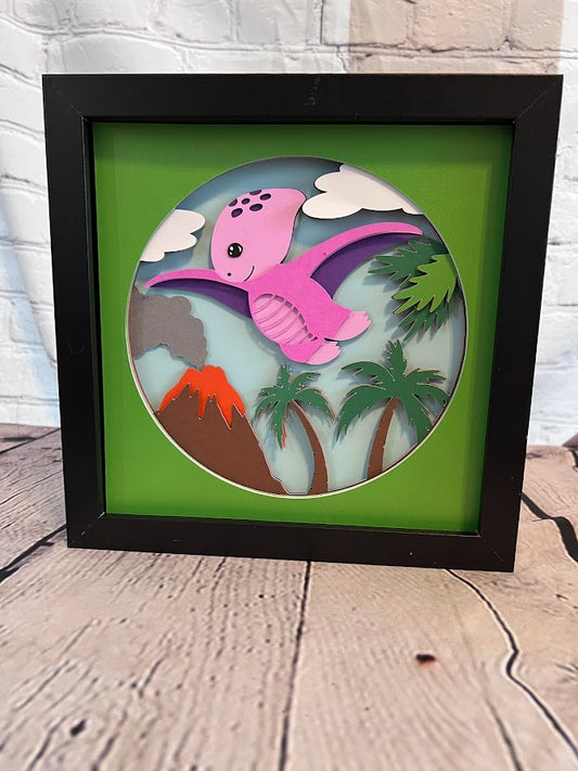 Pterodactyl cartoon 3D paper art in a shadowbox