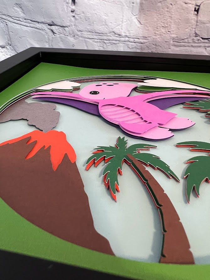 Pterodactyl cartoon 3D paper art in a shadowbox