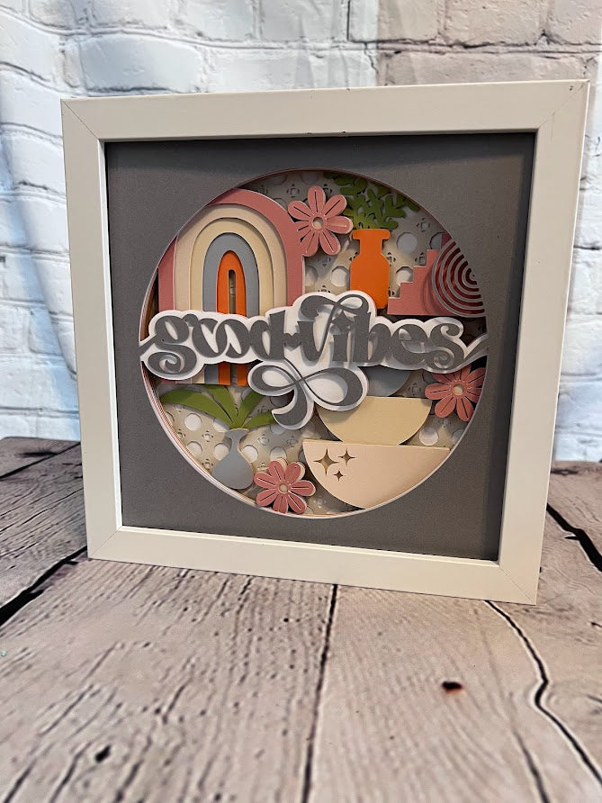 Good vibes boho 3D paper art in a shadowbox