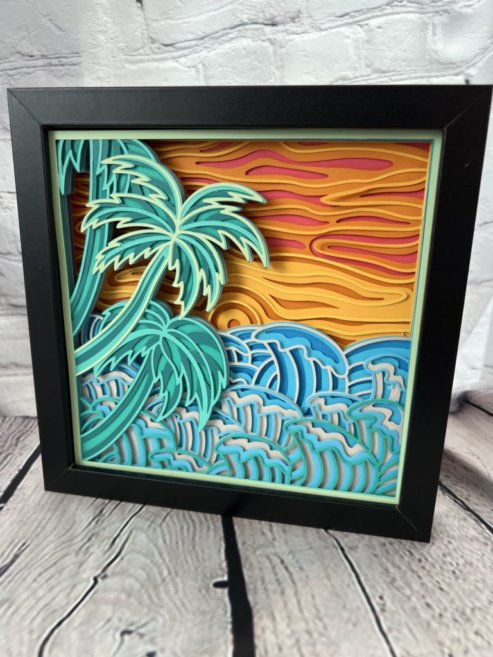 Waves and palm trees 3D paperart shadowbox