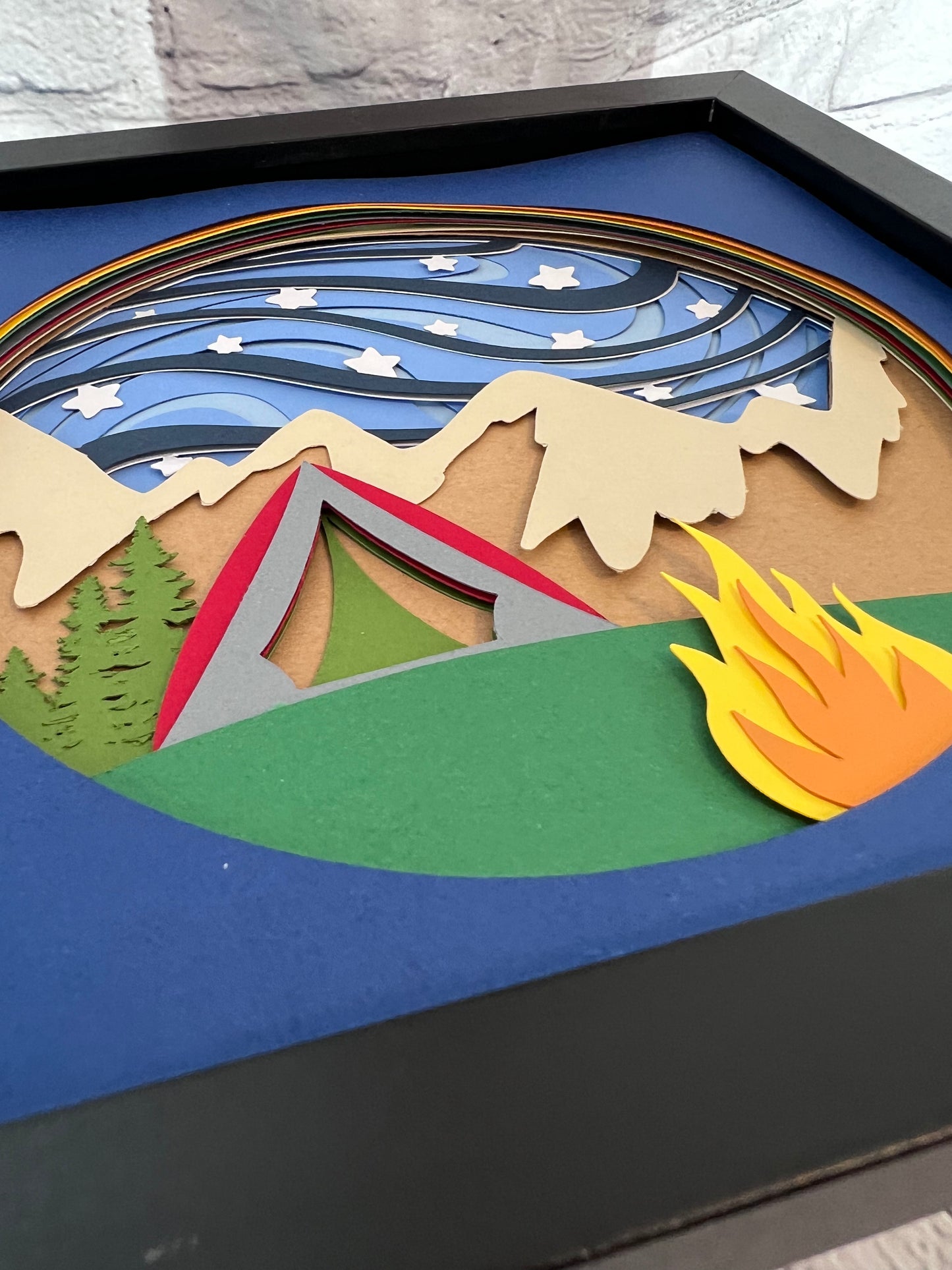 Campsite 3D paper art in a shadowbox