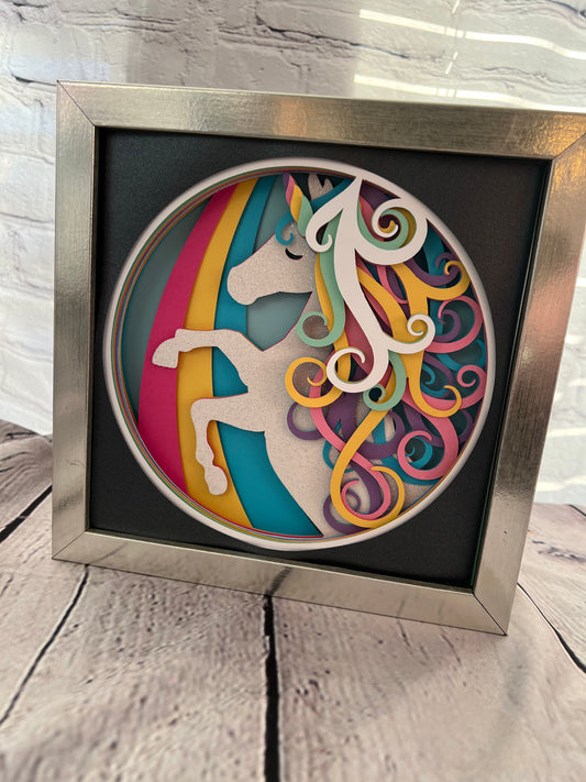 Unicorn with rainbow 3D paper art shadowbox