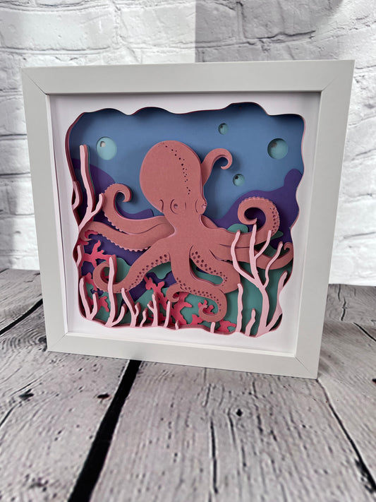 Octopus 3D paper art in a shadowbox