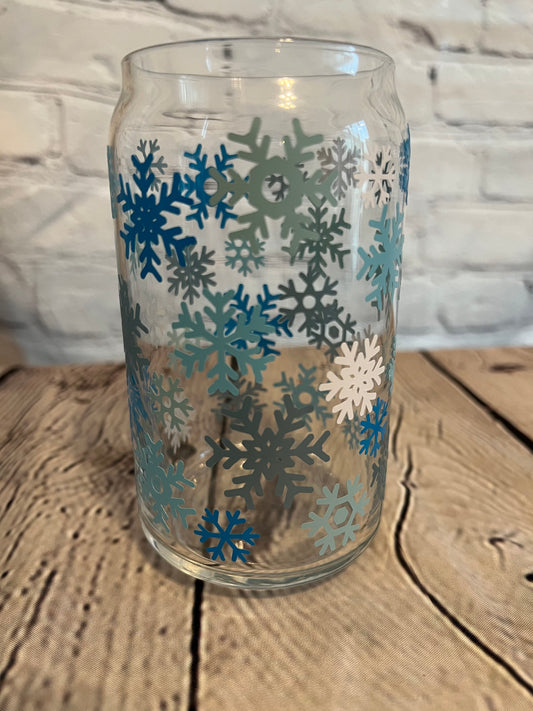 Blue snowflakes beer can glass