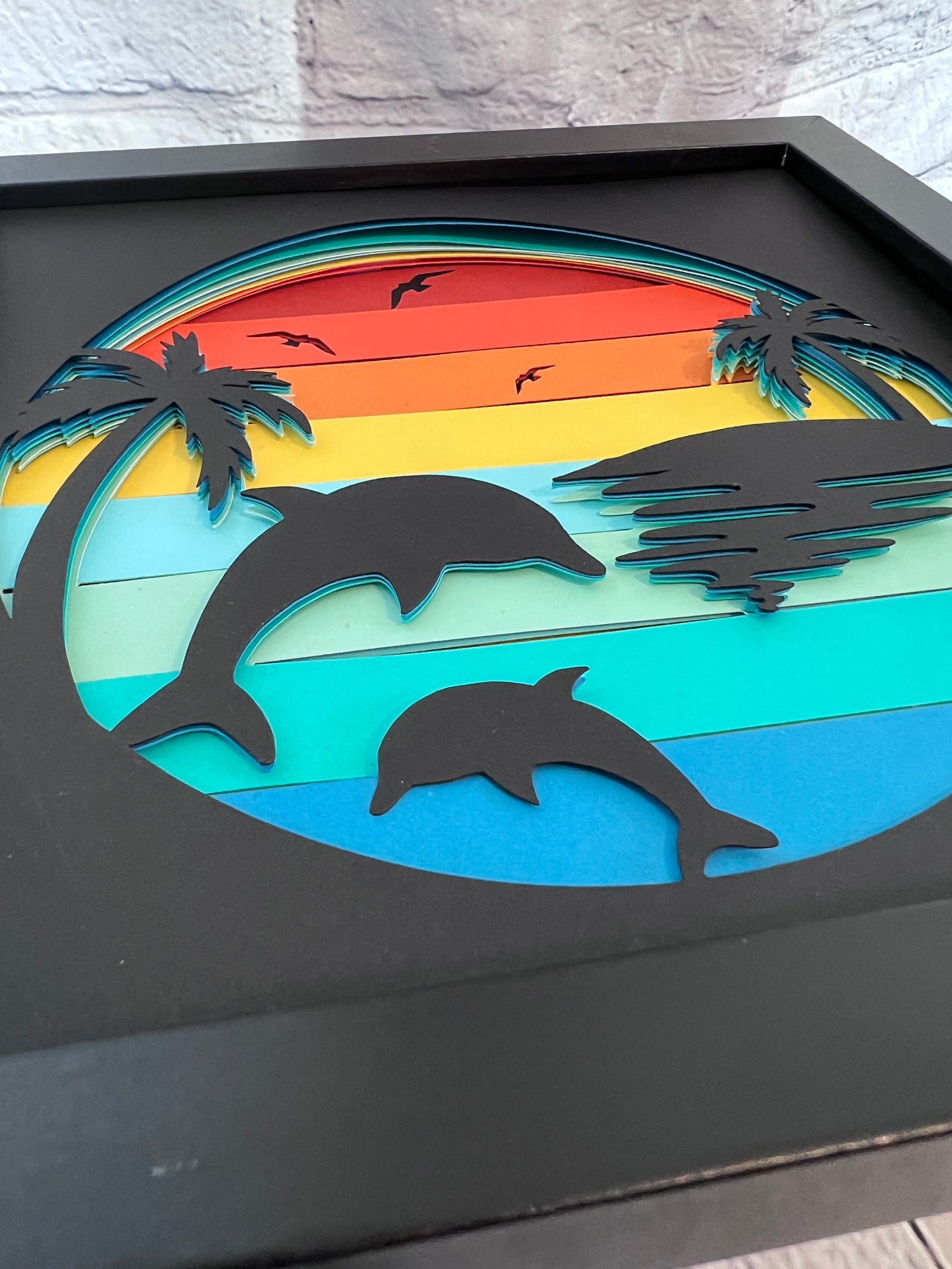 Tropical scene 3D paper art in a shadowbox