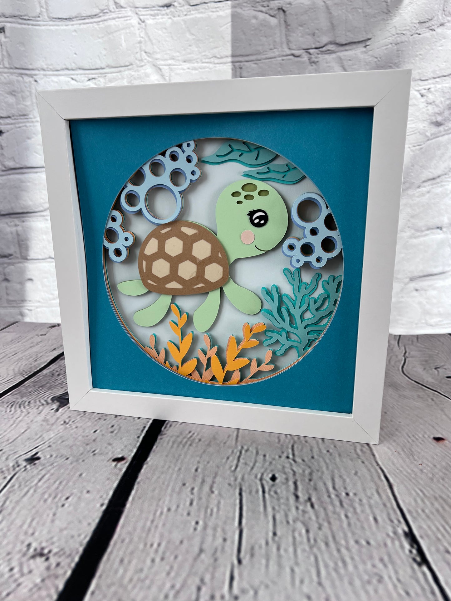 Kids sea turtle 3D paper art in a shadowbox