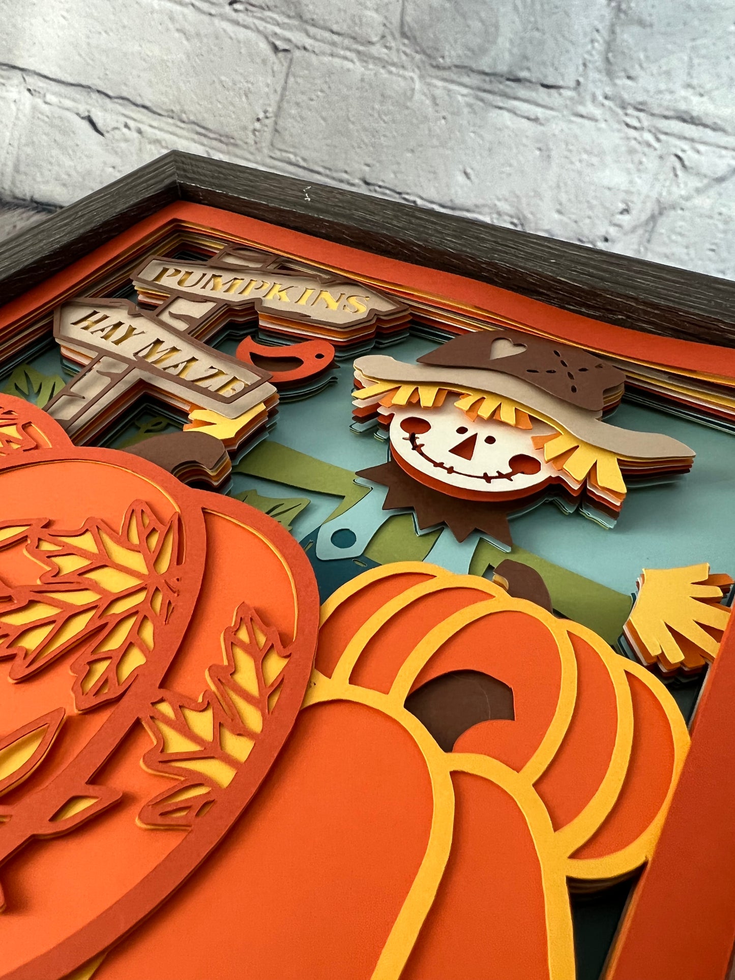 Scarecrow in the pumpkin patch 3D paper art shadowbox