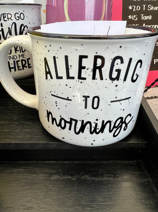 White ceramic camping mug  Allergic to mornings