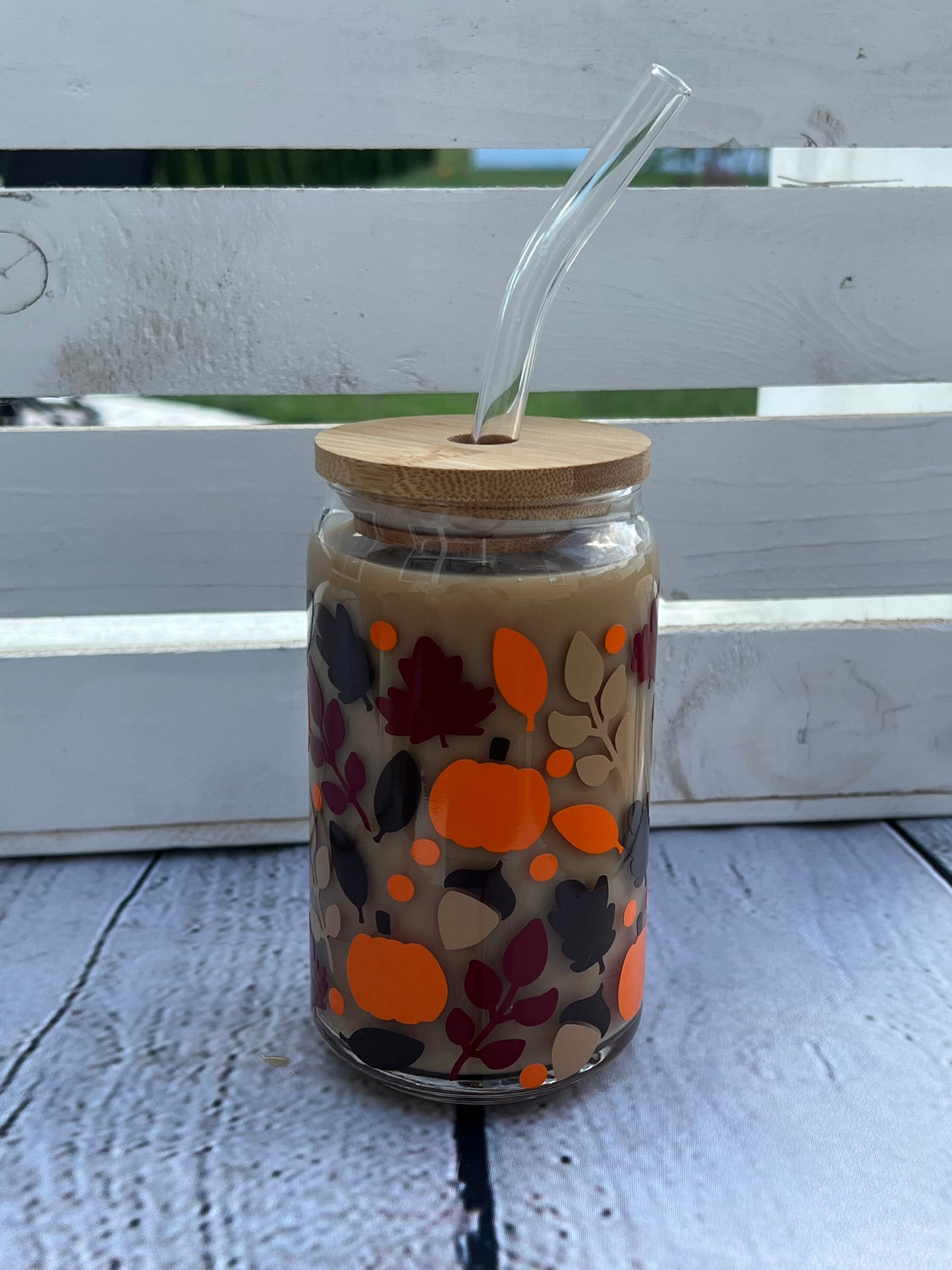 Fall leaves with acorns beer can glass