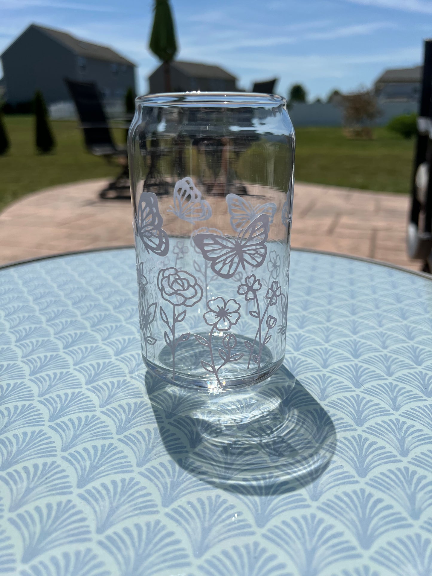 Floral with butterflies beer can glass