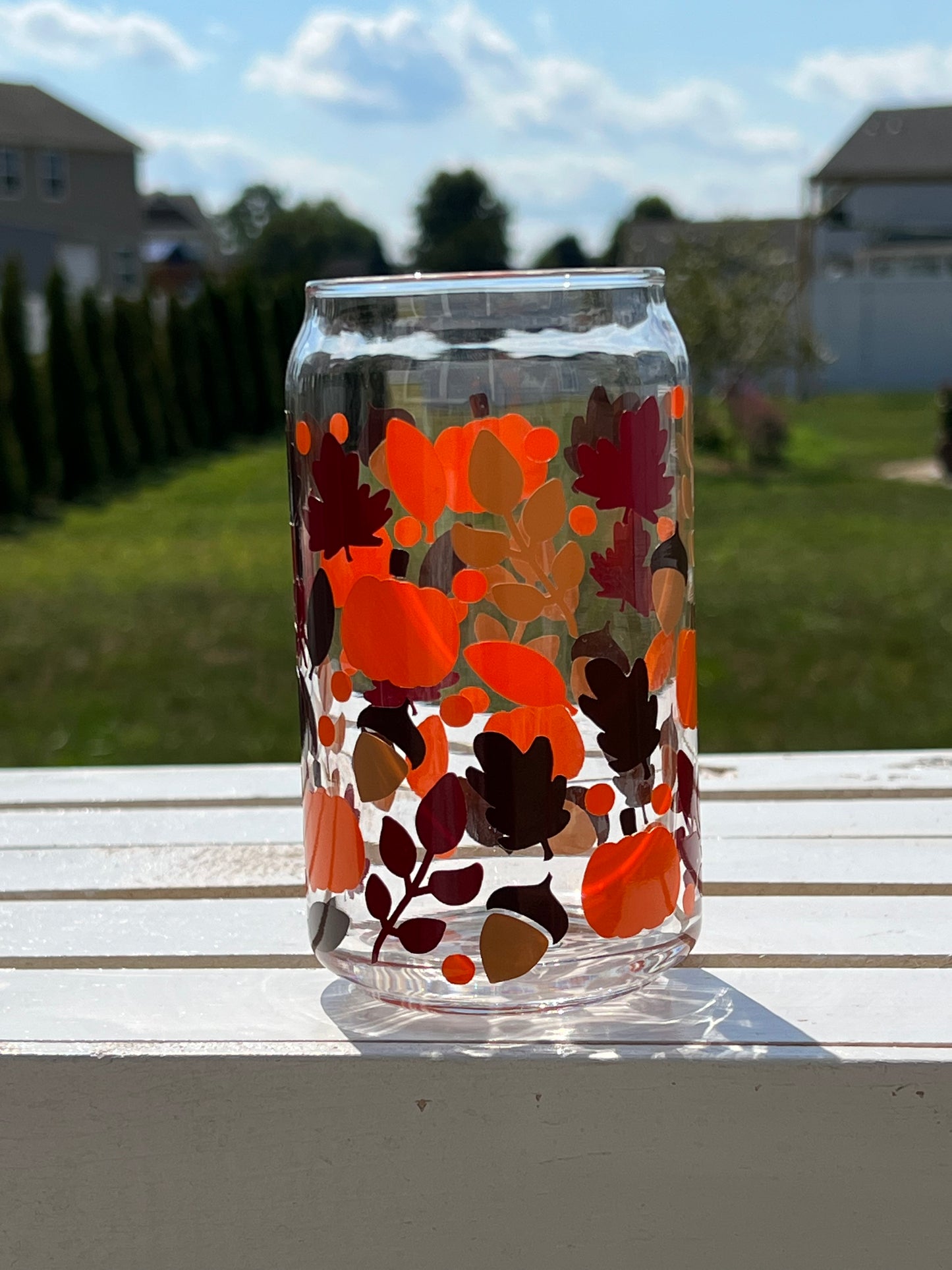 Fall leaves with acorns beer can glass