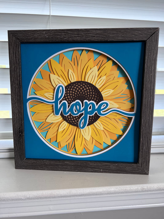 Hope sunflower 3D paper art in a shadowbox