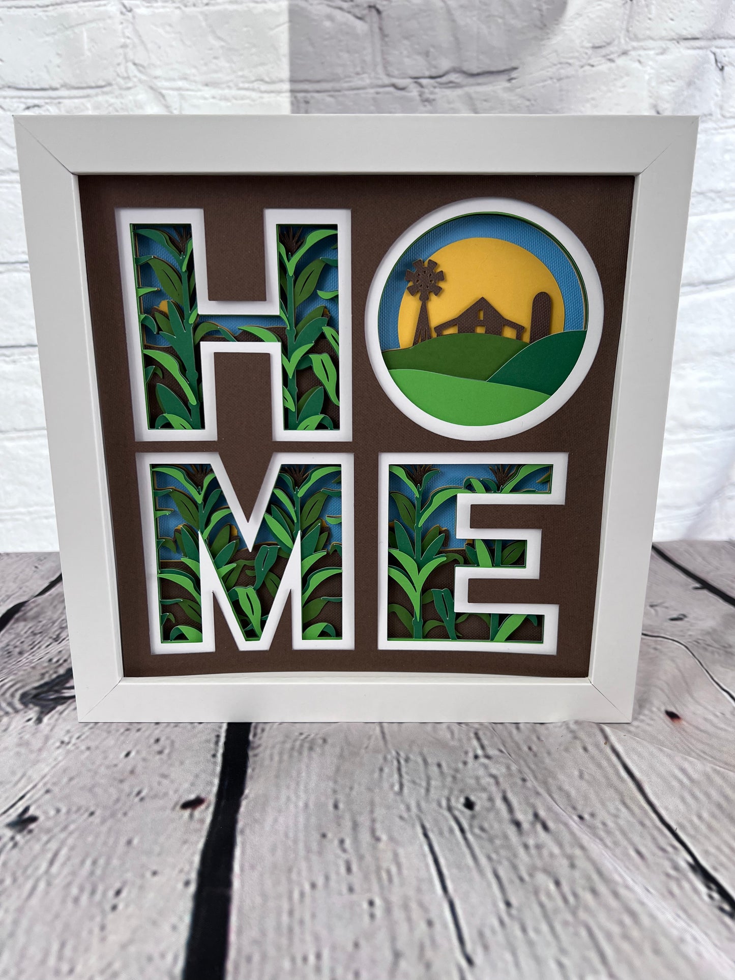 Home- Midwest farmhouse 3D paper art in a shadowbox