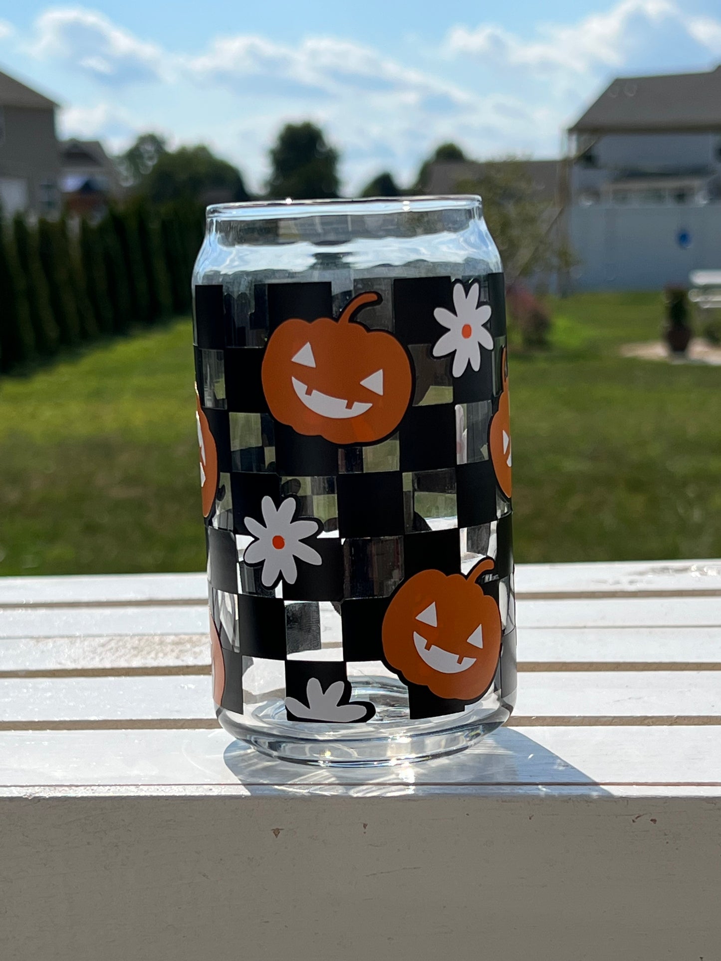 Checkerboard pumpkin beer can glass