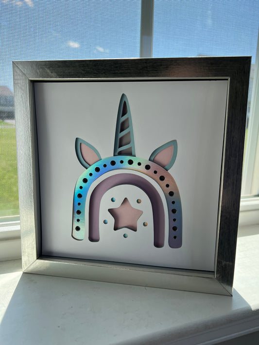 Unicorn boho rainbow 3D paper art shadowbox