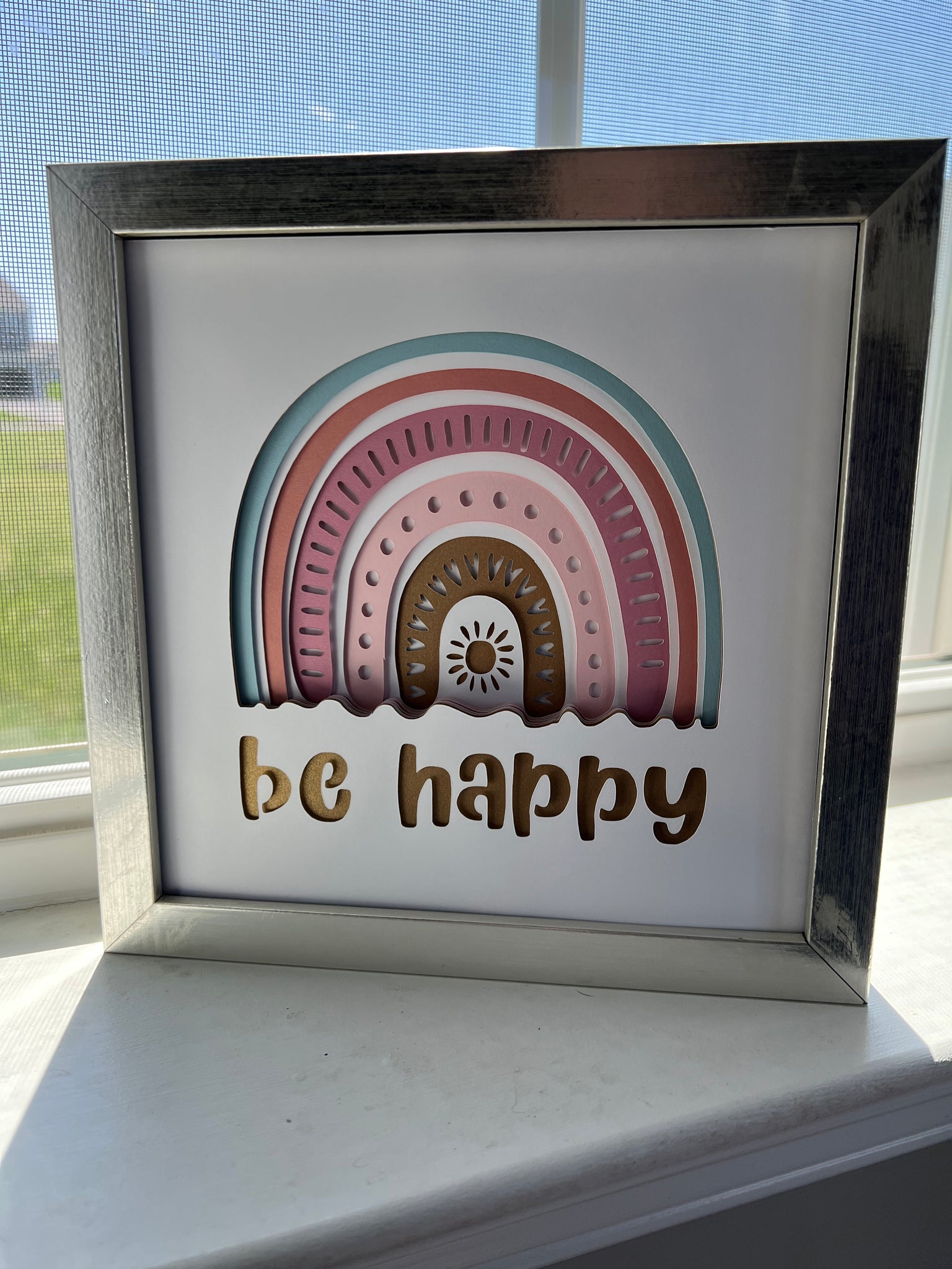 Be happy boho rainbow 3D paper art shadowbox – Olivia Reagan Designs