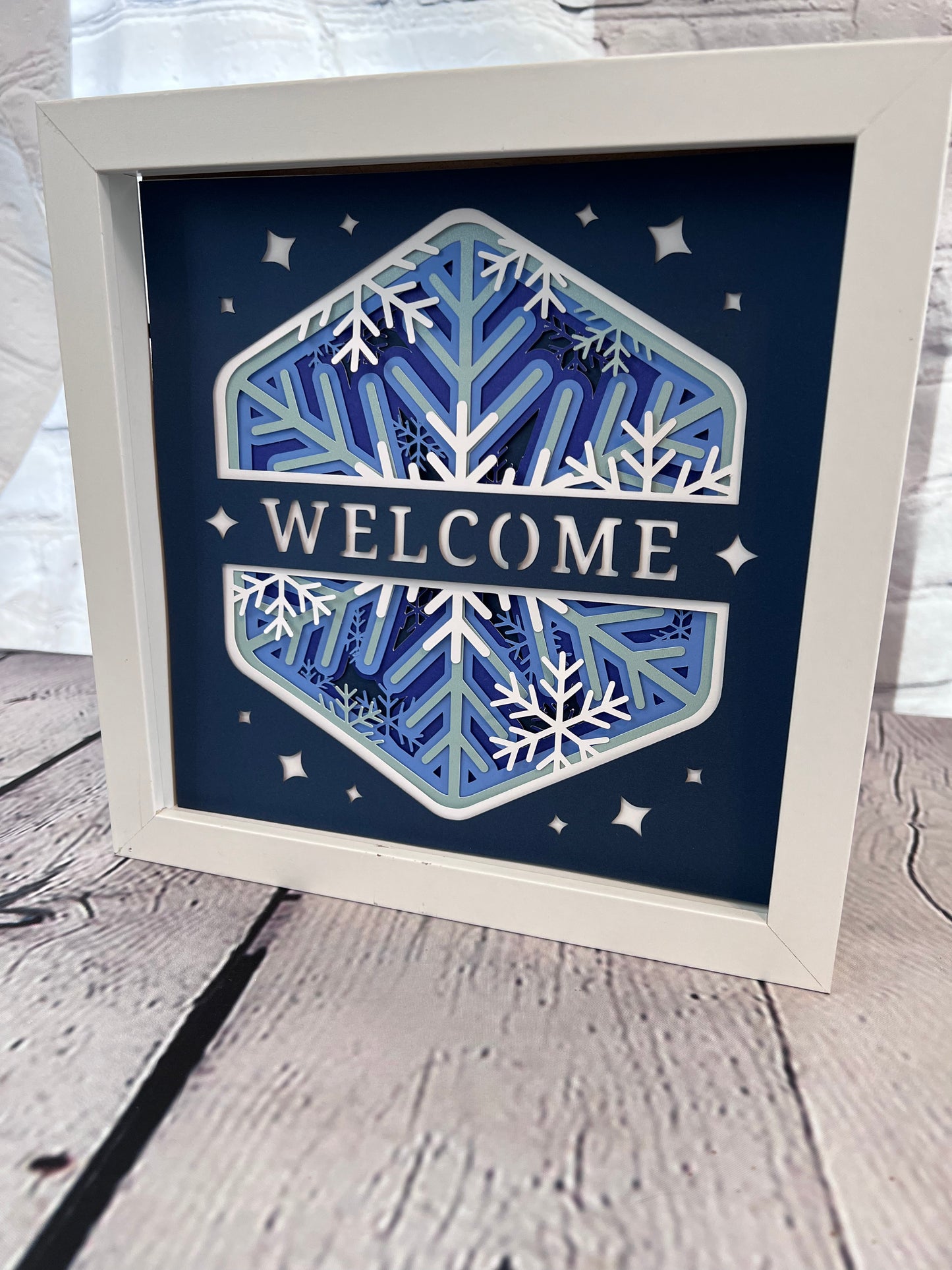 Winter welcome 3D paper art in a shadowbox