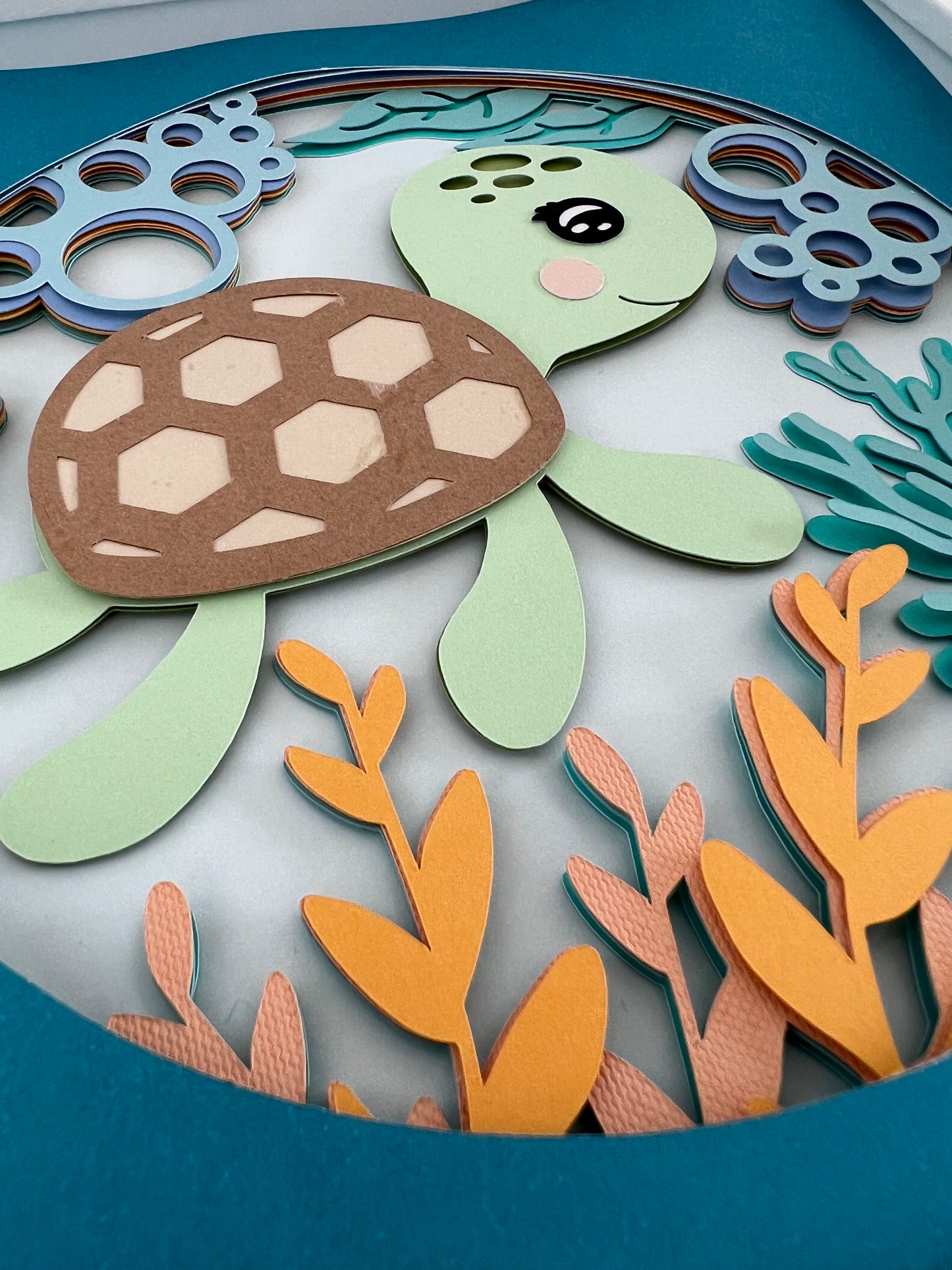 Kids sea turtle 3D paper art in a shadowbox