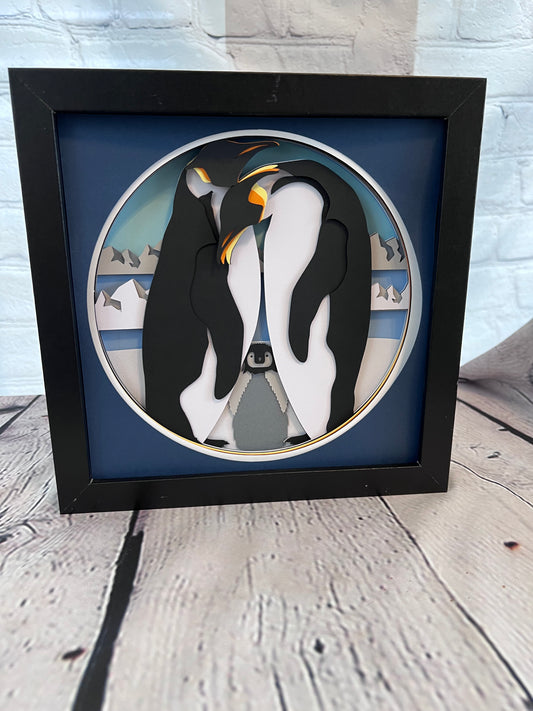 Penguin family 3D paper art in a shadowbox