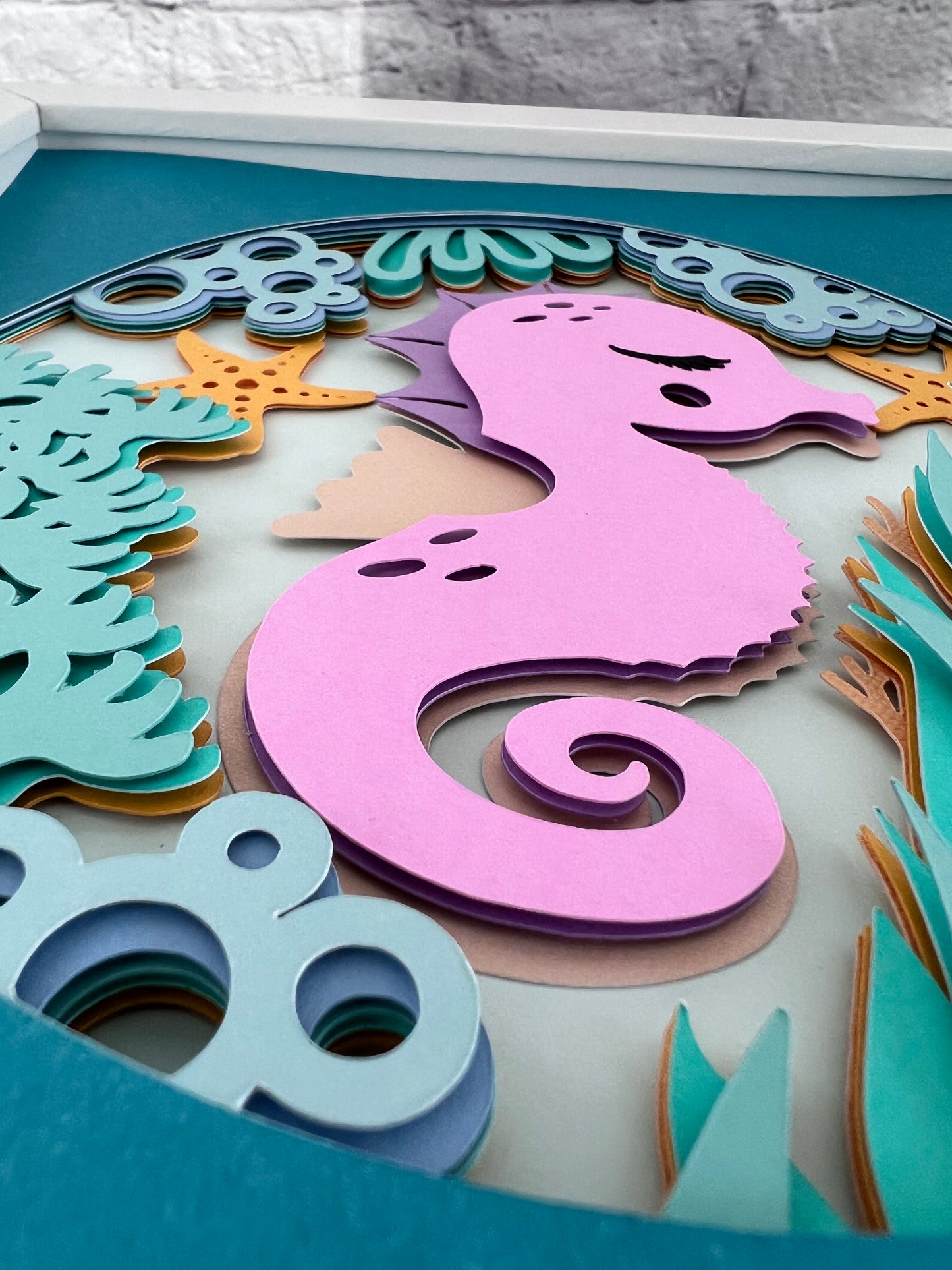 Kids seahorse 3D paper art in a shadowbox