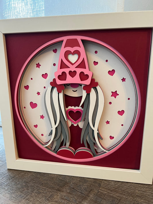 Valentine gnome-pigtails 3D paper art shadowbox