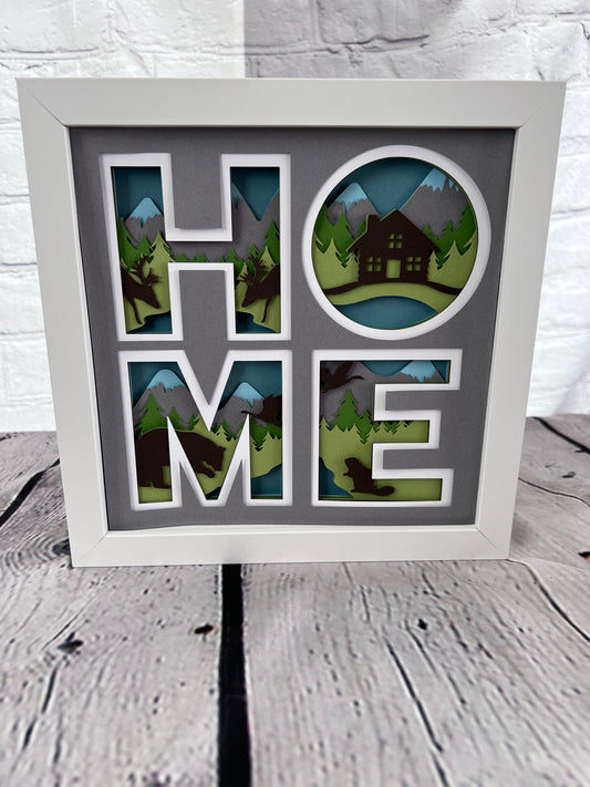 Home- Mountain cabin 3D paper art in a shadowbox