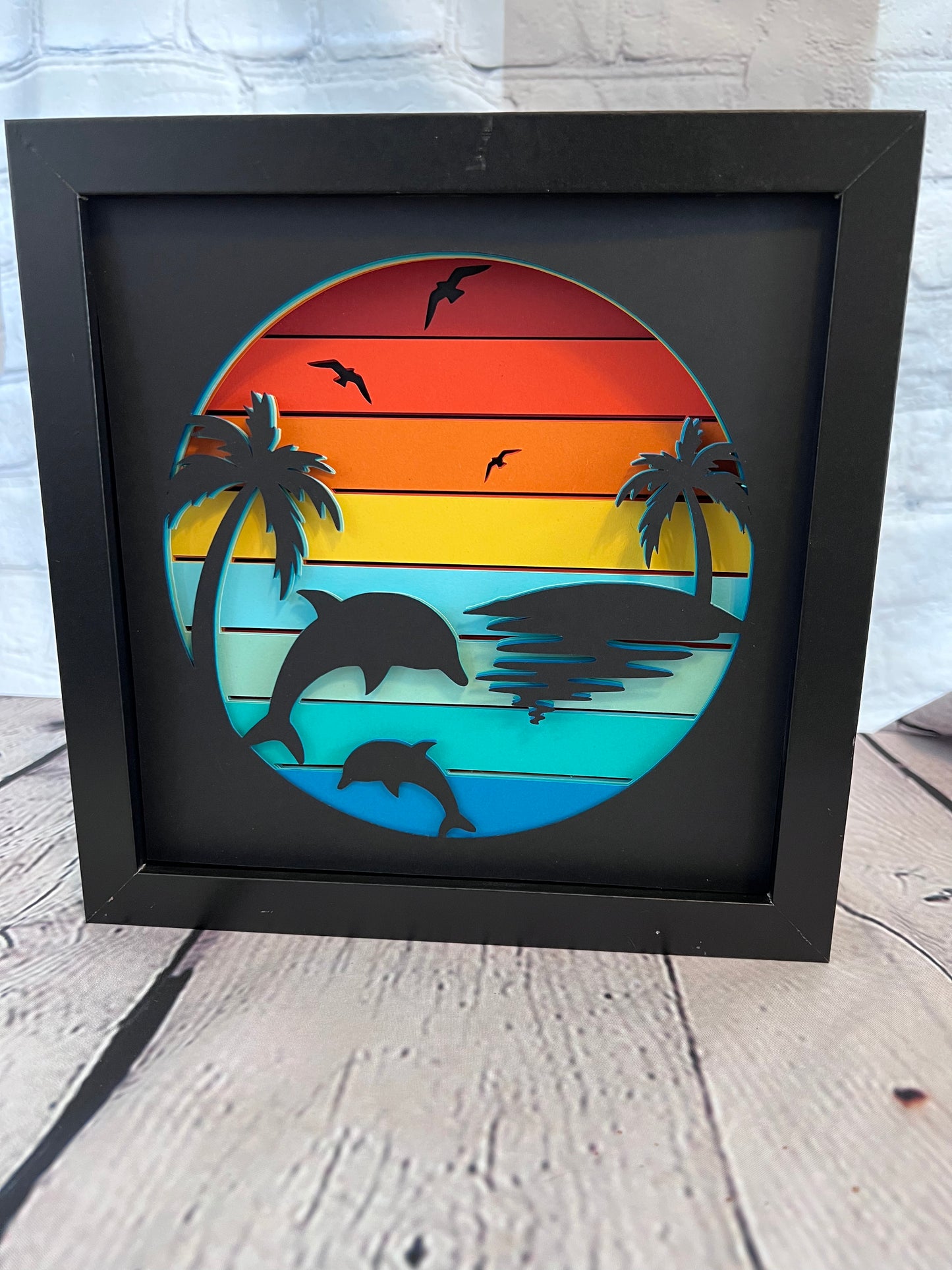 Tropical scene 3D paper art in a shadowbox