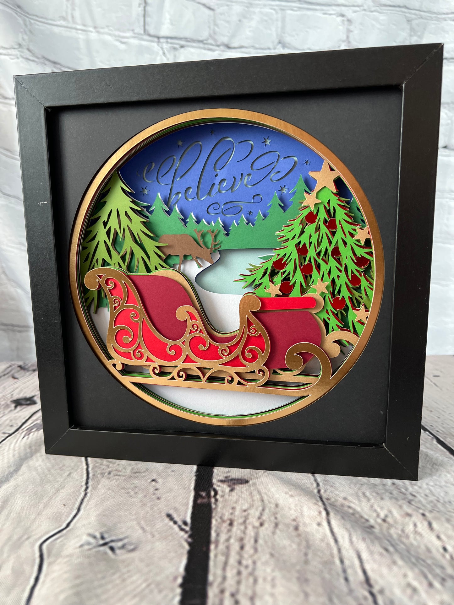 Believe with sleigh 3D paper art shadowbox