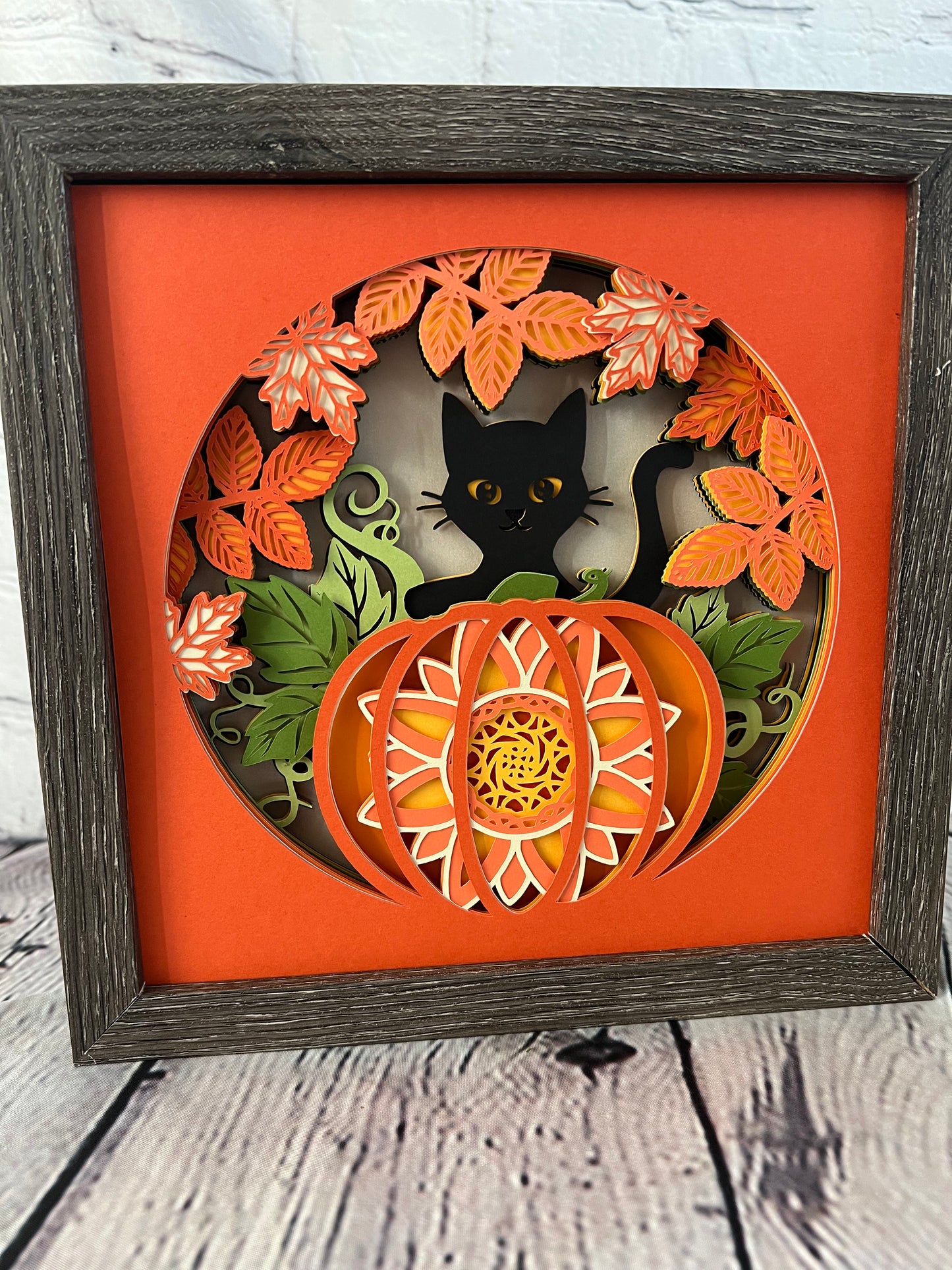 Cat in the pumpkin patch 3D paper art shadowbox