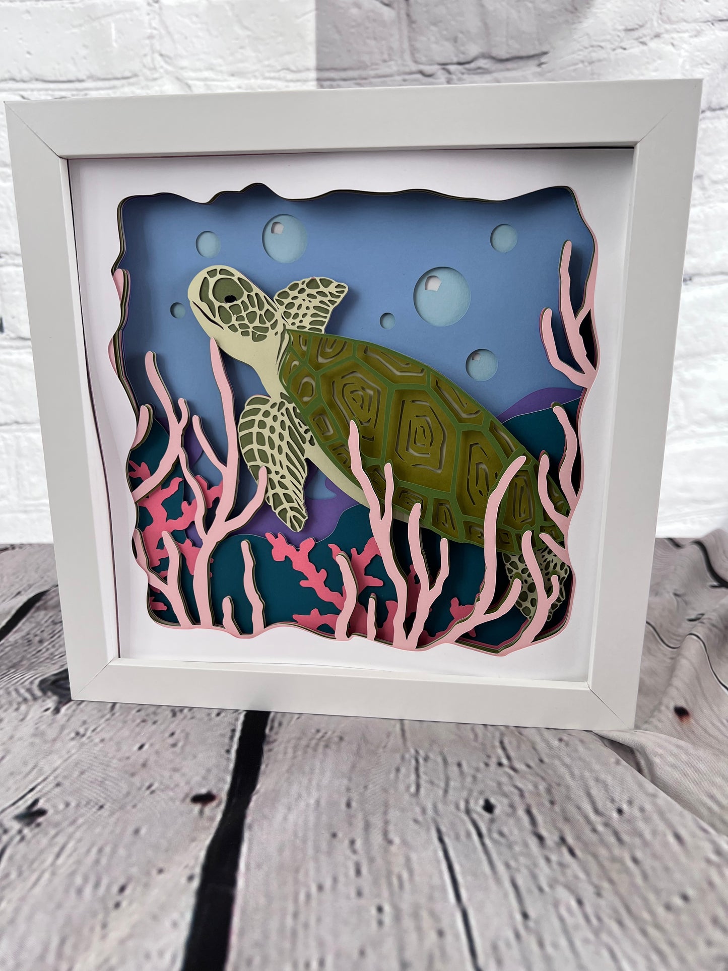 Deep sea turtle 3D paper art in a shadowbox