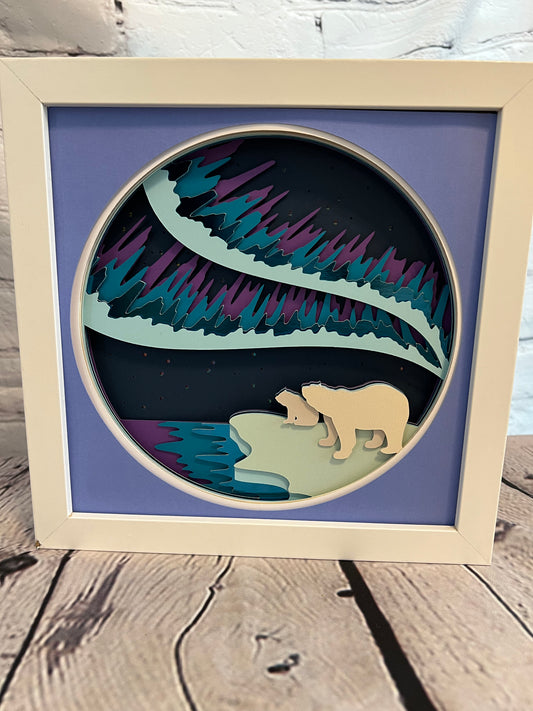 Polar bear Northern lights 3D paper art shadowbox