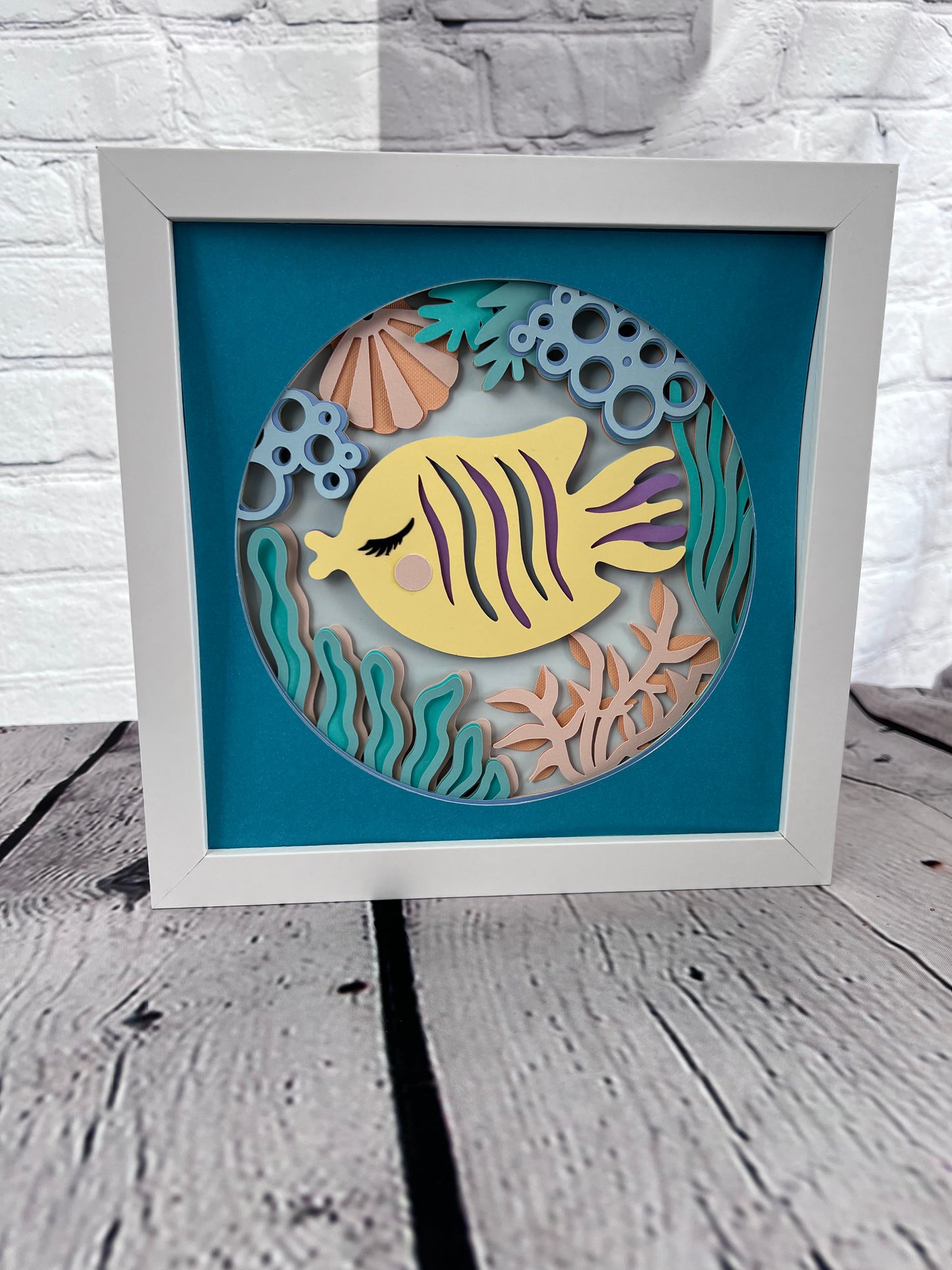 Kids yellow fish 3D paper art in a shadowbox