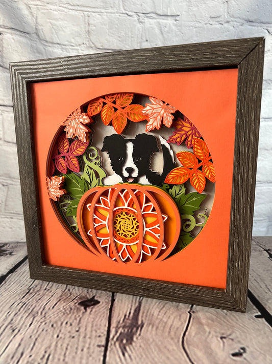 Dog in the pumpkin patch 3D paper art shadowbox