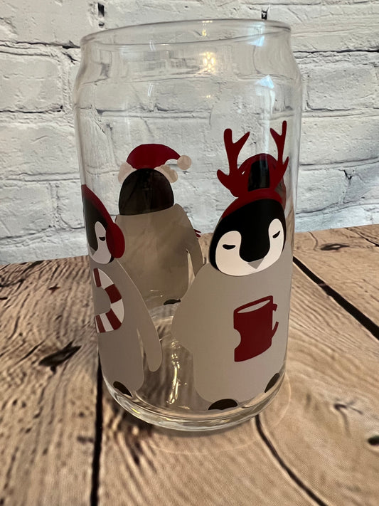 Penguin group beer can glass